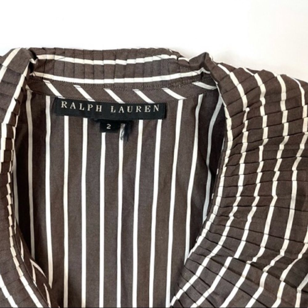 Ralph Lauren Polished Cotton Poplin Brown & White Accordion Pleat Ruffle Blouse - Picture 6 of 10